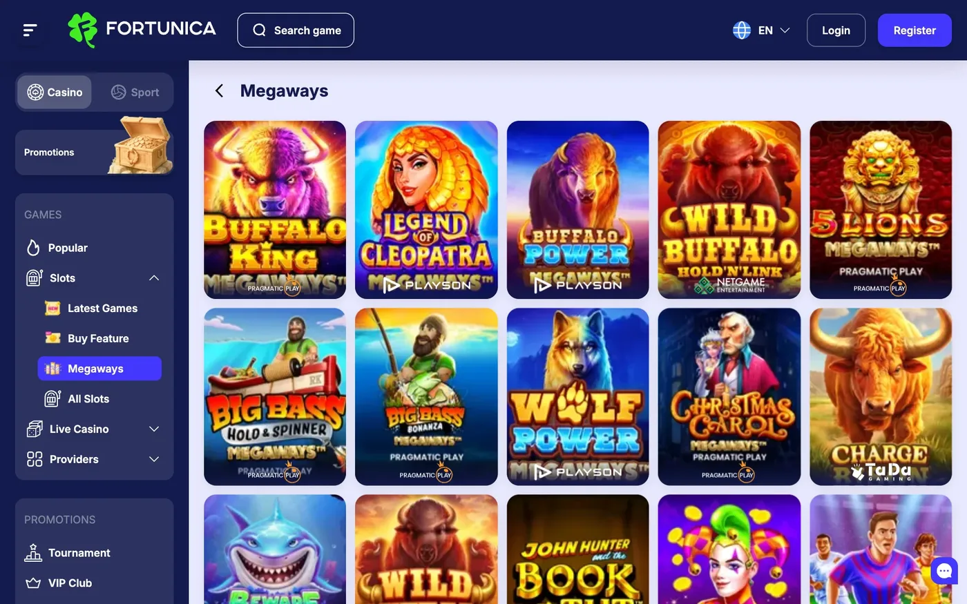 Fortunica Casino game lobby showing the Megaways category with Buffalo King, Big Bass and Wolf Power