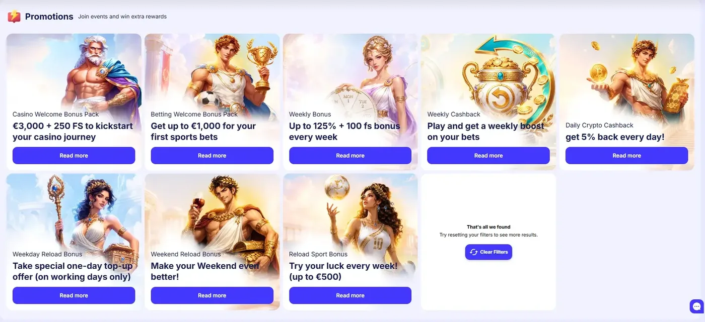 Fortunica Casino promotions page with welcome pack, weekly bonus, weekly cashback and reload offers