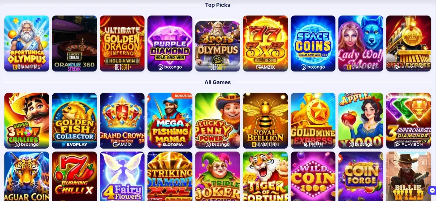 Fortunica Casino Top Picks row with Fortunica Olympus, Golden Dragon Inferno and 3 Pots of Olympus